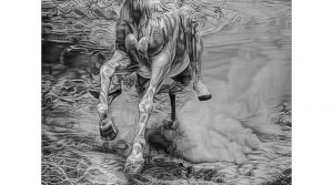 צילום 8 - "גופי מים" (תיעוד מיצג), רכיבה על סוס הרבעה בבולען שבו אלפי בתולות טבעו פעם כמנחות לאלים ביוקטן פנינסולה, שמן על בד, "78X"85